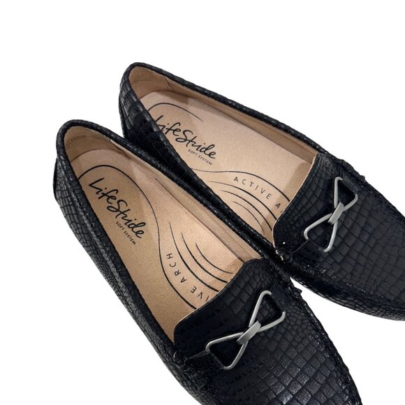 LifeStride Womens Black Crocodile-Embossed Loafers Silver Buckle Detail Size 10M - Picture 4 of 14